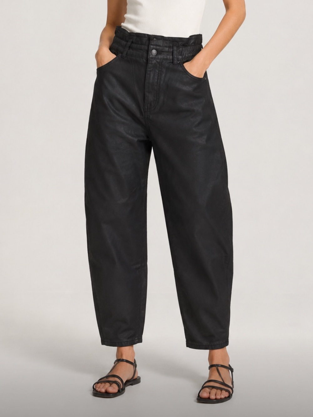 Zara High-Waist Black Barrel Leg Waxed Women’s Jeans